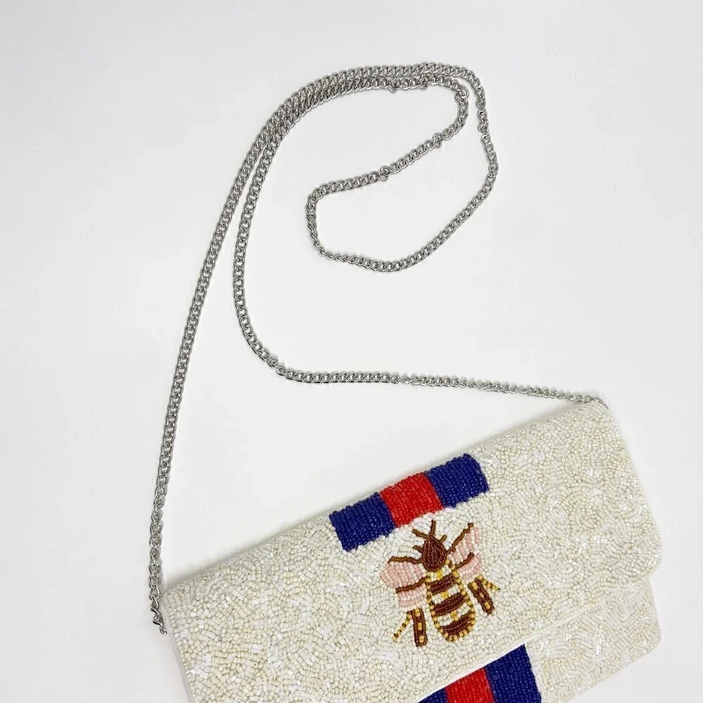 Gold & Pink Bee on Ivory Blue Red Stripe Beaded Clutch